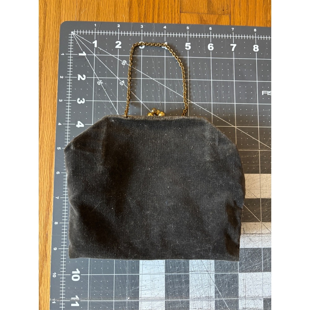 Vintage Black Velvet Kiss Lock Evening Bag Gold Chain Handle Retro Clutch